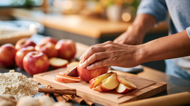 Over-the-shoulder stock visual focusing on hands slicing crisp red apples on a wooden board. Flour, cinnamon sticks, and rolling pin arranged on the kitchen counter, cozy home baki