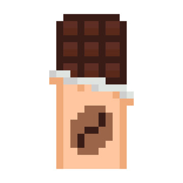 Chocolate bar cocoa sweet dessert pixel art style graphic isolated brown cream colors opened chocolate bar foil wrapper coffee bean logo tasty snack icon retro game asset