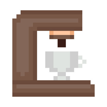 Coffee maker machine glass carafe pixel art style illustration brown beige modern design. Countertop espresso machine brewing cup coffee equipment game asset isolated white background