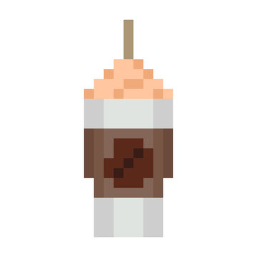 Iced coffee whipped cream frappe pixel art style design brown neutral color scheme. Cold drink plastic cup straw coffee bean label. Sweet beverage icon isolated white background