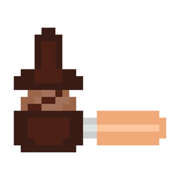 Espresso portafilter coffee handle tool pixel art style vector brown wooden accent. Barista portafilter ground coffee filter basket cafe brewing equipment icon isolated white background