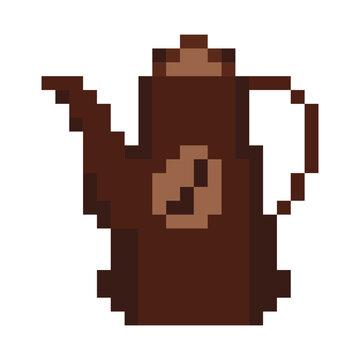 Coffee pot kettle brewing hot drink pixel art style asset brown beige colors. Classic kettle coffee bean symbol handle spout dark brown vintage kitchenware icon isolated white background