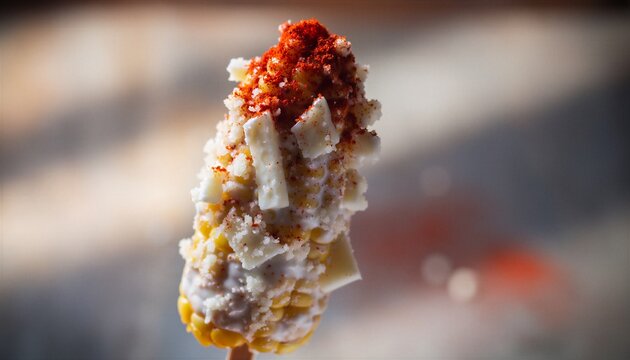 Mexican street corn elote on wooden stick coated in white crema cotija cheese chunks and vibrant red chili powder vertical closeup
