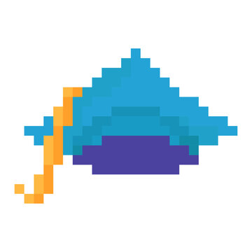 Graduation cap mortarboard education degree pixel art style icon blue yellow color. Academic graduation hat mortarboard student degree university success pixelated game UI asset isolated white backgro