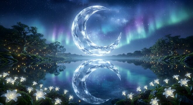 Glowing crescent moon in glass bottle reflecting over a lake with aurora borealis background