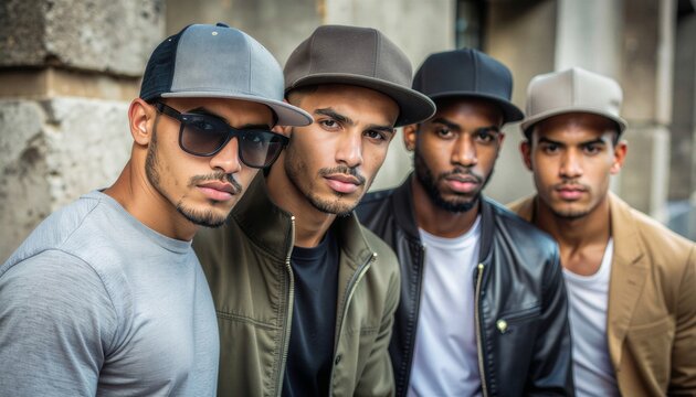 Four young men in snapback caps posing together outdoors against stone wall in urban streetwear casual jackets serious expressions
