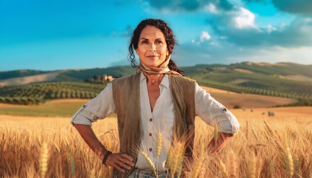 Confident middle-aged woman farmer standing in golden wheat field with rolling Tuscan hills and blue sky in warm summer light