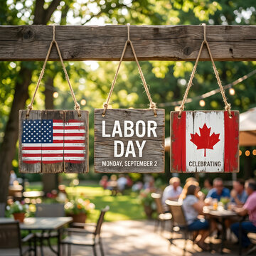 Patriotism Concept Hanging Wooden Signs with American and Canadian Flags Outdoor Patio