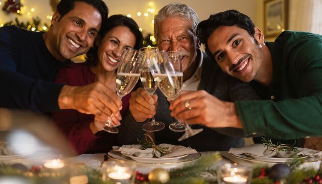 Multigenerational Latino family toasting with champagne flutes at candlelit Christmas dinner table in warm festive living room