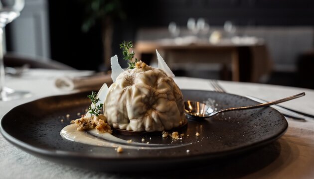 Luxury Fine Dining Dessert Dome with Organic Texture Garnished with Th