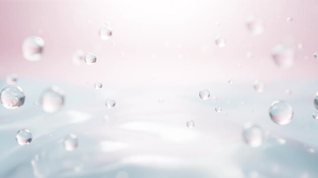 Abstract water droplets floating against a soft pastel background, creating a clean and elegant visual for hydration, skincare, beauty, wellness and cosmetic concepts.