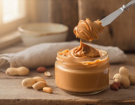 Creamy peanut butter scooped from glass jar on rustic wood