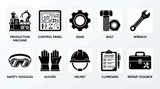 Factory technician icon set vector icon set, professional editable SVG illustration collection for business, industry, workplace, technology and modern design projects with clean symbols, isolated ele