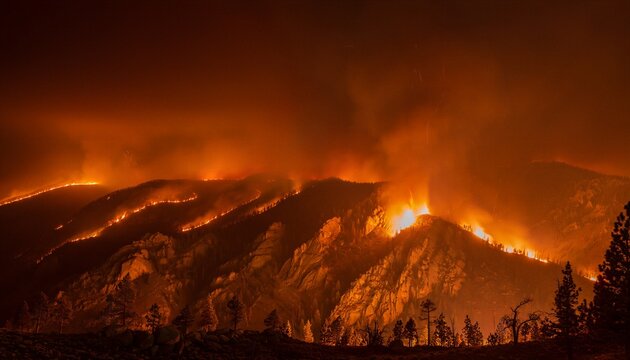 Wildfire Engulfs Rocky Mountain Ridgeline at Night Orange Glow