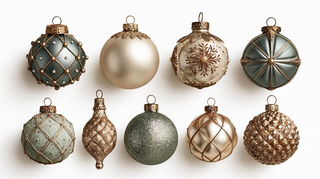Nine Vintage Christmas Ornaments in Sage Green and Champagne Gold with Ornate Details Arranged on White Background Collection