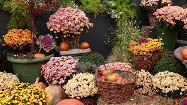 Beautiful autumn floral display with pumpkins, decorative kale, and blooming chrysanthemums on wooden cable drum. Cozy fall street decor porch at home, Halloween market, Thanksgiving crop background
