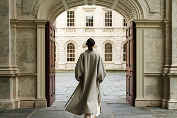 Naklejka premium Elegant woman in long grey coat walking through marble archway toward neoclassical courtyard building.
