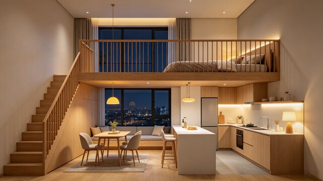Modern scandinavian loft apartment interior, mezzanine bedroom, open‑plan living kitchen dining area