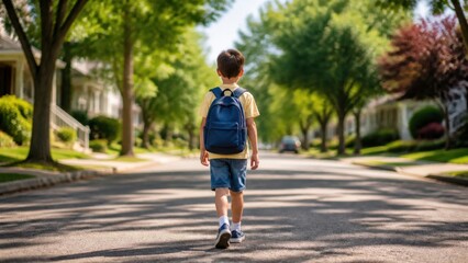 Fototapeta premium Young schoolboy with blue backpack walks down a sunny suburban street toward school capturing childhood independence and peaceful morning light