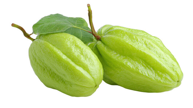 Two fresh green chayote squash vegetables with attached leaf and curved stems showing natural ridged textured skin closeup isolated on white background