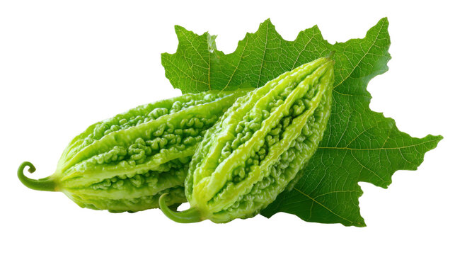 Fresh organic green bitter melon vine gourds with attached leaf showing bumpy wrinkled skin texture and curled tendril isolated on white background