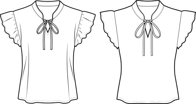 Fashion technical flat sketch vector illustration set of women tie neck flutter sleeve blouse front and back view