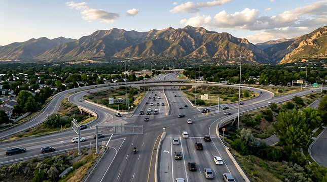 Aerial view of a busy highway interchange near mountains.