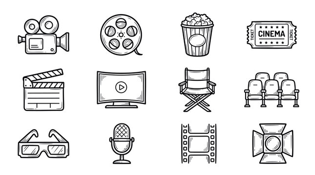 Set of cinema icons representing movies, film production, and entertainment with popcorn, a ticket, and a camera 