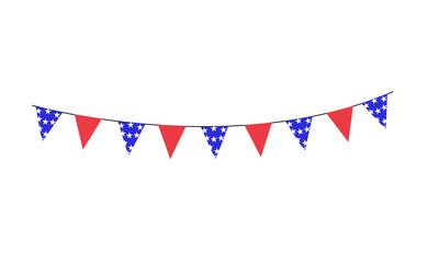 Obraz premium Patriotic bunting banner with red and blue starpatterned triangular flags isolated on transparent background