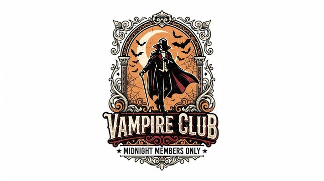 Vampire Club Midnight Members Only Halloween vintage illustration featuring dark dracula figure in cloak inside ornate frame