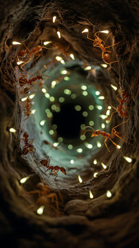Bioluminescent ants in underground tunnel, glowing insects in dark dirt burrow, magical nature macro photography