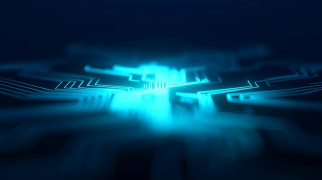 Futuristic digital circuit board with glowing blue neon lines representing artificial intelligence and data flow