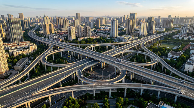 Aerial view of complex urban highway interchange at dusk.