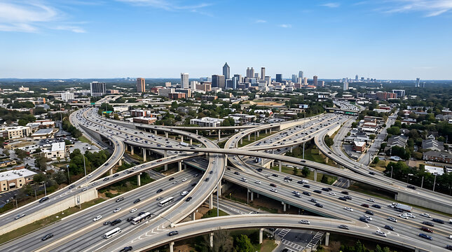 Aerial view of complex urban highway interchange.