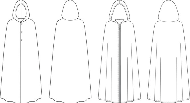 Minimalist hooded cloak cape technical drawing featuring front and back view set for fashion apparel design vector template
