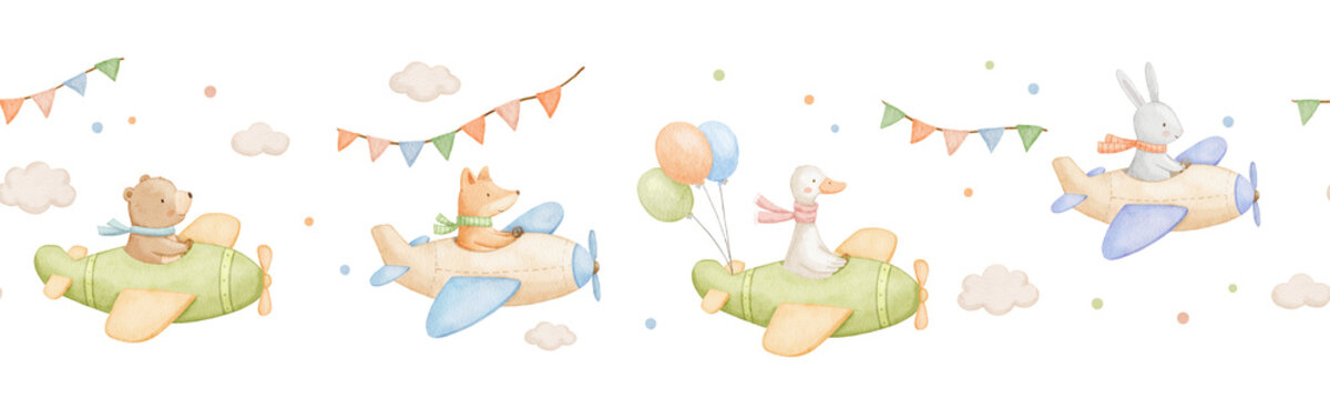 Seamless border with cute goose, bear and rabbit flying vintage plane and colorful flags garland. Childish characters for kids. Watercolour illustrations on isolated repeating background for birthday