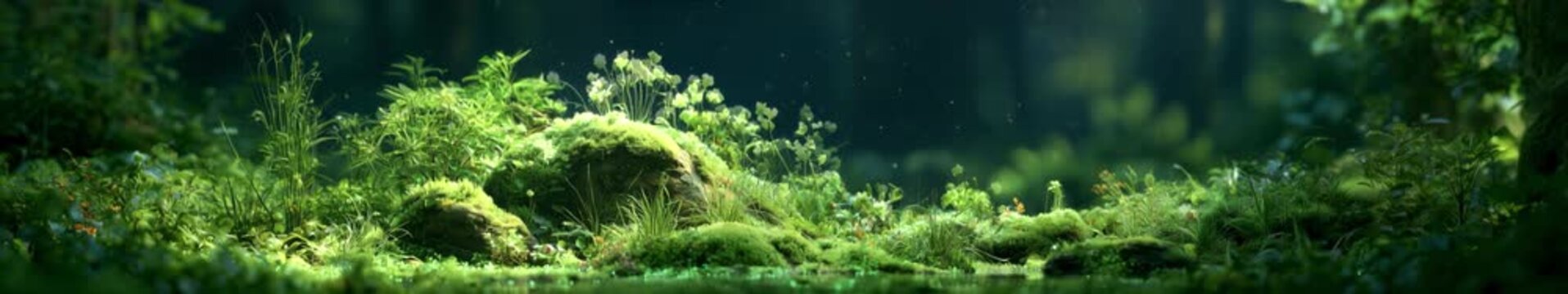 Sunlit Mossy Forest Floor in a Panoramic Looped Animation with Wildflowers and Lush Green Foliage