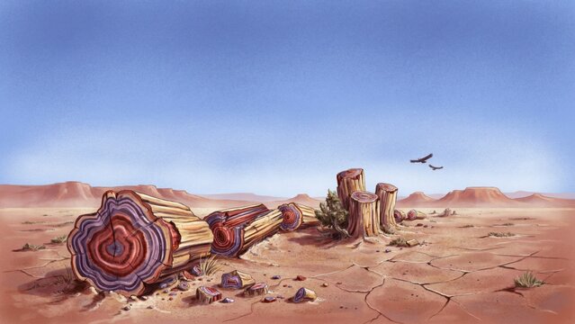 Petrified wood logs scattered across a vast arid desert landscape under a clear blue sky with landscape distant mesas logs colorful rings rings lie cracked