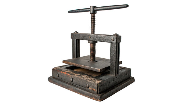 Vintage traditional wooden mechanical printing bookbinding press tool isolated on white background