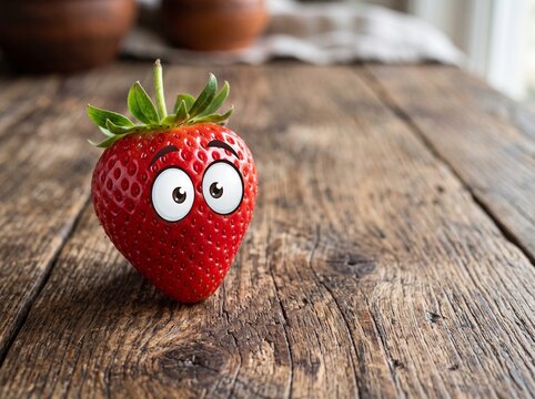 Funny cartoon strawberry with big eyes standing on a rustic wooden table in a cozy kitchen setting