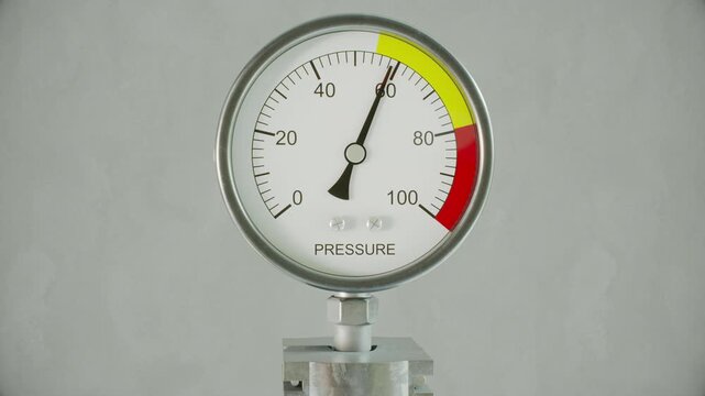 Pressure gauge needle rises into the red overload danger zone in this CG animation. A visual metaphor for industrial system failure, oil or gas crisis, political tension. Option with or without text. 