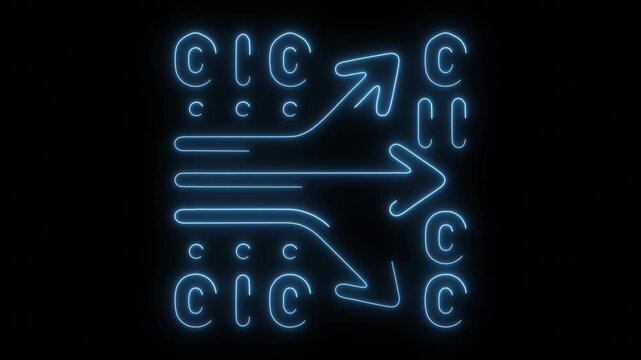 Blue neon arrows merge and diverge on black background with binary code elements.