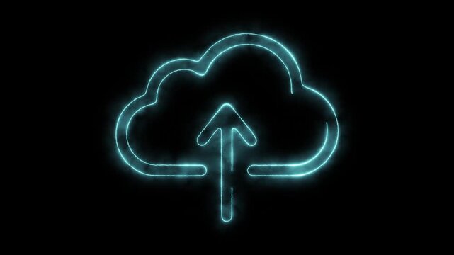 Neon cloud upload icon with glowing blue light effects on black background for network.