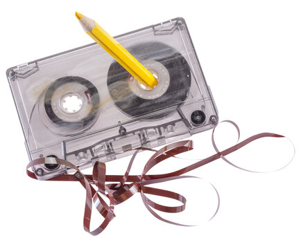  A vintage analog audio cassette tape isolated on a white background. Retro object.