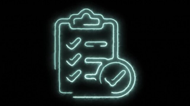 Neon checklist clipboard glowing with checkmarks against dark background for digital task.