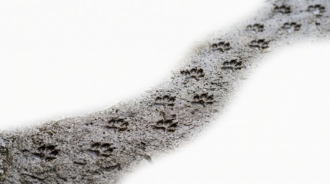 A sequence of dark muddy animal paw prints stretches across the textured surface while indicating the path taken by a wild creature wandering through the cold landscape during the winter season