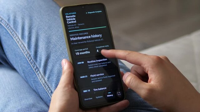 User checks remote vehicle diagnostics on a smartphone, reviewing battery, tire pressure and brake health before scheduling maintenance through a connected car service.