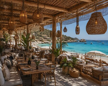 A beautiful luxury beach restaurant terrace with wooden furniture and wicker lamps overlooking the turquoise mediterranean sea on a sunny summer vacation day