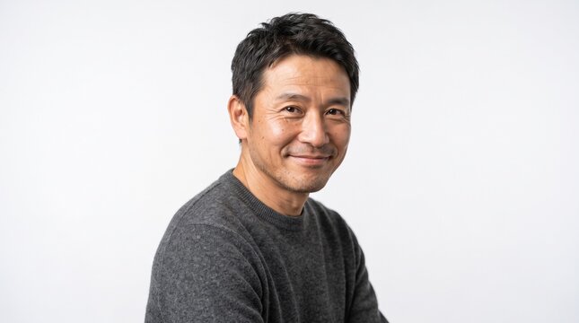 A mature Japanese man wears a comfortable grey sweater while offering a gentle smile towards the camera, representing a happy professional person who enjoys life during a calm weekday afternoon