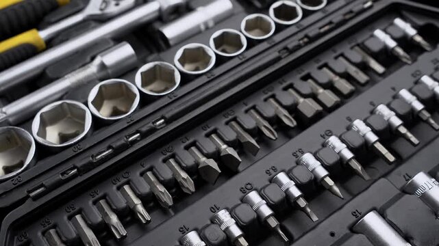 Top view close-up of rotating open toolbox with complete set of socket wrenches, ratchets, and drive bits